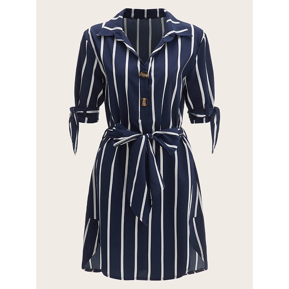 Navy Blue Striped Knot Sleeve Belted Shirt Dress - Picture 9 of 11